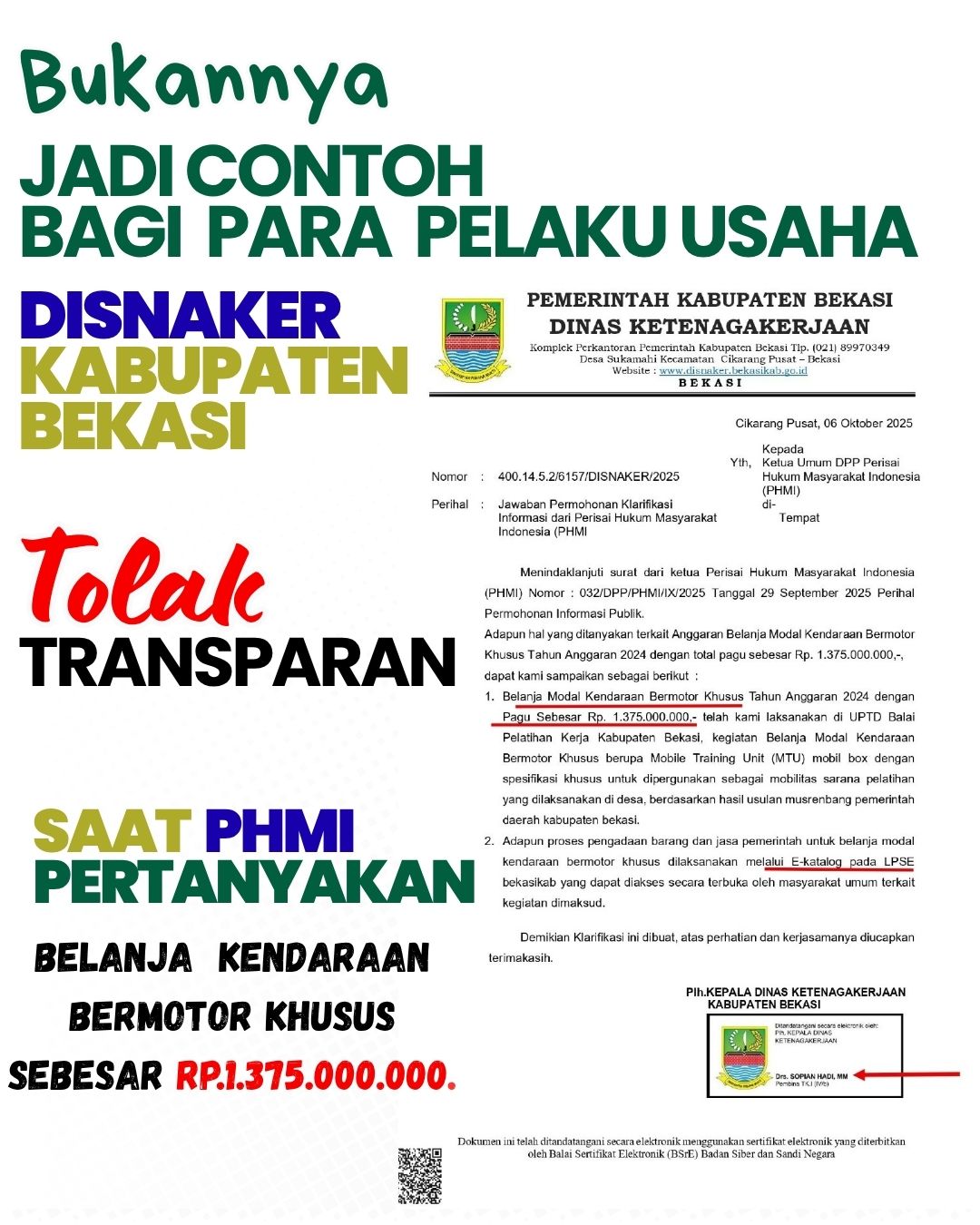 Disnaker Kab. Bekasi Tolak Untuk Transparan Saat PHMI Soroti Belanja Kendaraan Bermotor Khusus Tahun 2024 Sebesar 1,3 Miliar