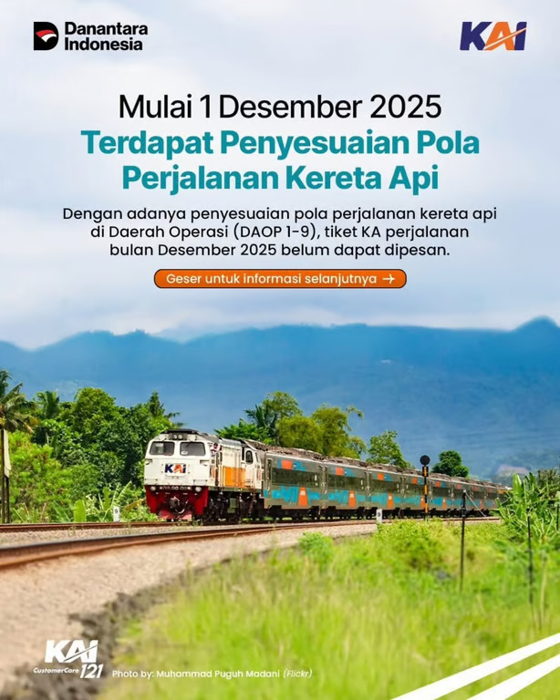KAI Daop 2 Bandung, Sampaikan Permohonan Maaf Karena Sedang Ada Penyesuaian Jadwal dan Pola Perjalanan Mulai 1 Desember 2025