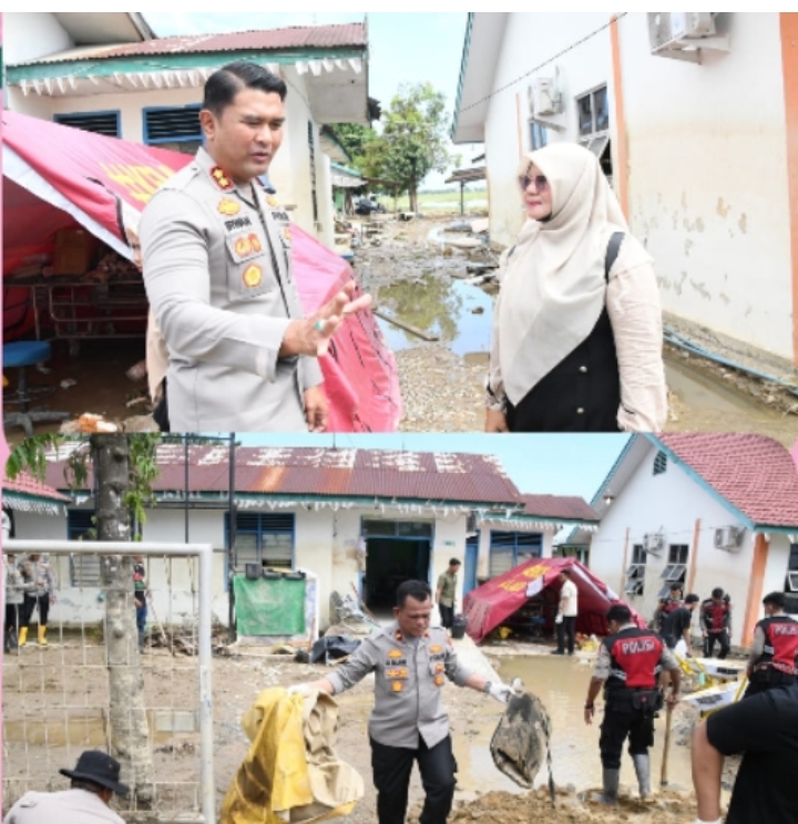 Semangat Gotong Royong Kapolres Percepat Pemulihan Pasca Bencana Banjir di Pukesmas Mantang Pudeng, Pante Bidari.
