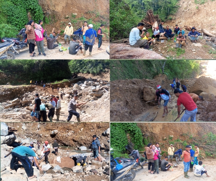 Pascabanjir dan Longsor, Aparatur Desa Bersama Masyarakat Uning Mas Gotong Royong Perbaiki Akses Jalan dan Jembatan di Desa Uning Mas