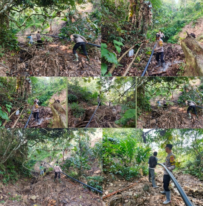 Polres Aceh Tengah dan BKO Brimob Gotong Royong Pulihkan Saluran Air Bersih Pascabencana di Atu Singkih