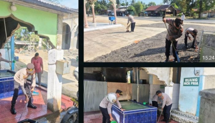 Menyapa Warga Lewat Aksi Nyata, Kapolsek Peudawa Bersihkan Masjid.